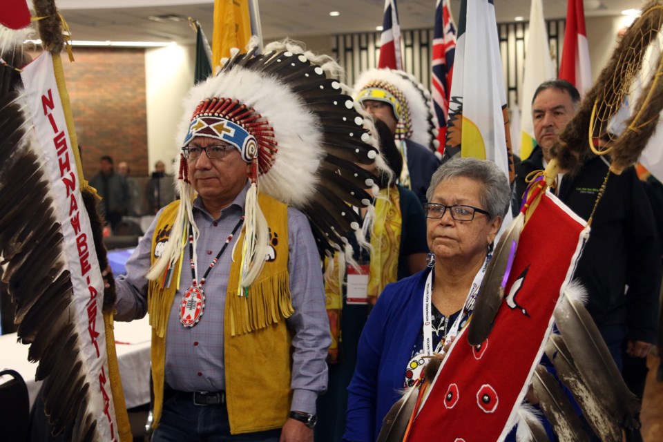 Nishnawbe Aski Nation Grand Chief, Alvin Fiddler, leads the Grand Entry to open the NAN Chief's Fall Assembly in Thunder Bay on Tuesday. (Photos by Doug Diaczuk - Tbnewswatch.com). 