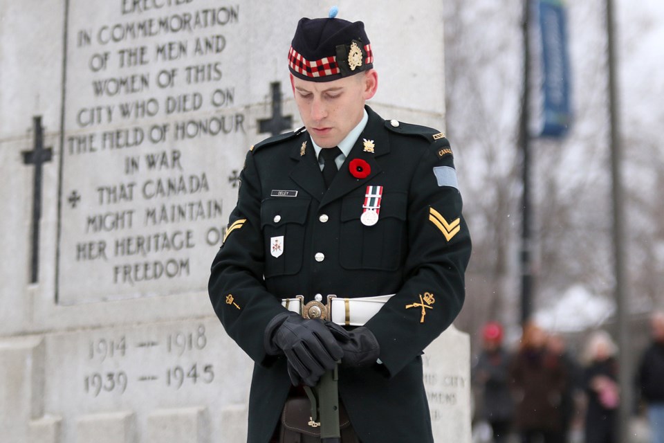 Cpl. Benjamin Deley of the Lake Superior Scottish Regiment was part of the honour guard on Sunday, Nov. 11, 2018 at the Waverley Park cenotaph during Remembrance Day ceremonies. (Leith Dunick, tbneswatch.com)