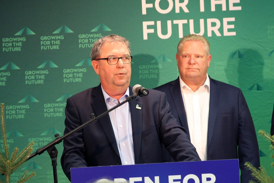 Resolute Forest Products president and CEO Yves Laflamme, joined by Ontario Premier Doug Ford, speaks at the company's pulp and paper mill in Thunder Bay on Thursday, October 25, 2018. (Matt Vis, tbnewswatch.com)