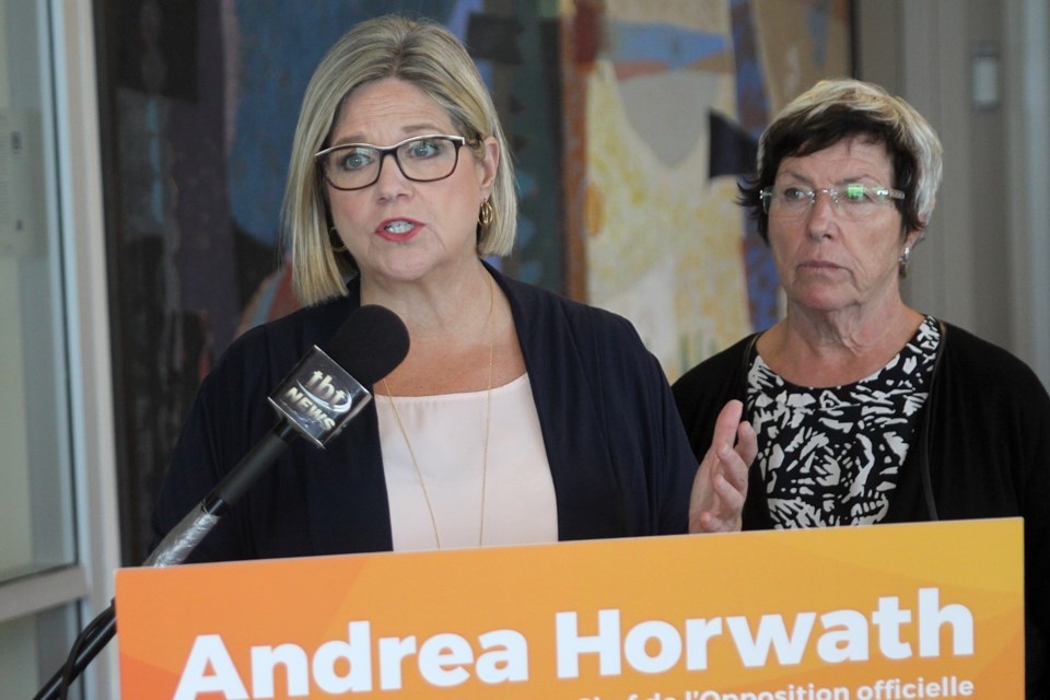 Ontario NDP leader Andrea Horwath, joined by Thunder Bay-Atikokan MPP Judith Monteith-Farrell, speaks at a news conference at the Thunder Bay Regional Health Sciences Centre on Friday, September 21, 2018. (Matt Vis, tbnewswatch.com)