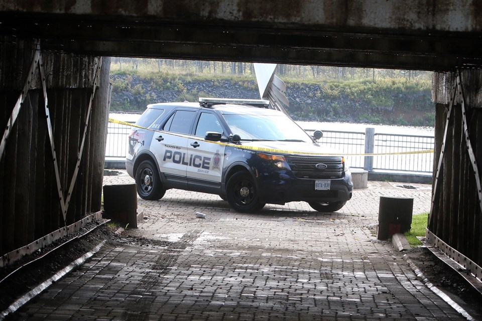 Thunder Bay Police were on the scene at the Kam River Heritage Park after a body was discovered in the water Saturday morning. (Leith Dunick - Tbnewswatch.com). 