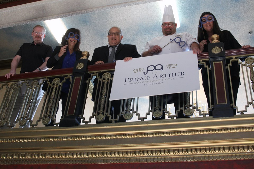 Prince Arthur Waterfront Hotel management and staff show off the hotel's rebranded logo from the mezzanine level balcony on Thursday, September 13, 2018. (Matt Vis, tbnewswatch.com)