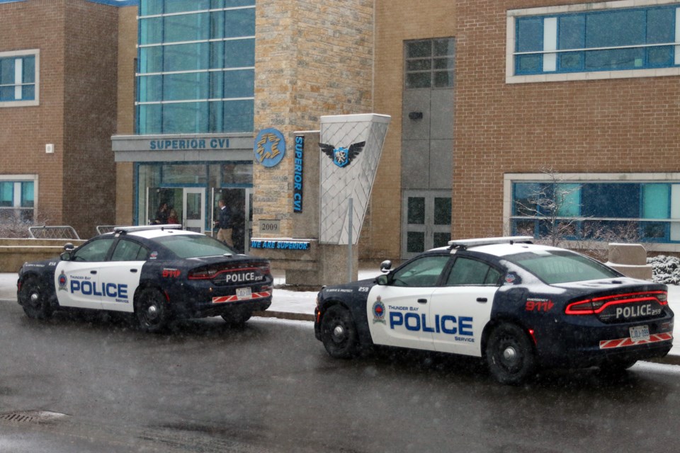 Police were on the scene at Superior C.V.I Tuesday morning after an anonymous threat was received by police directed at the school. (Photos by Doug Diaczuk - Tbnewswatch.com). 