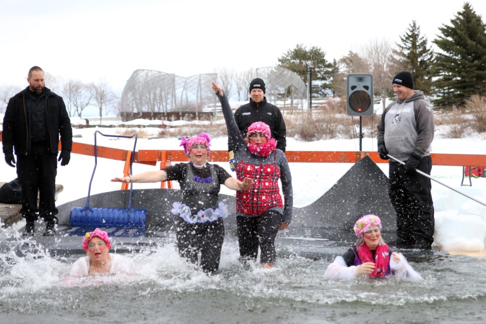 Shelly Brown (second from right) raised more than $2,000, the highest individual total. She takes the plunge with her team, Freezing for a Reason. File photo