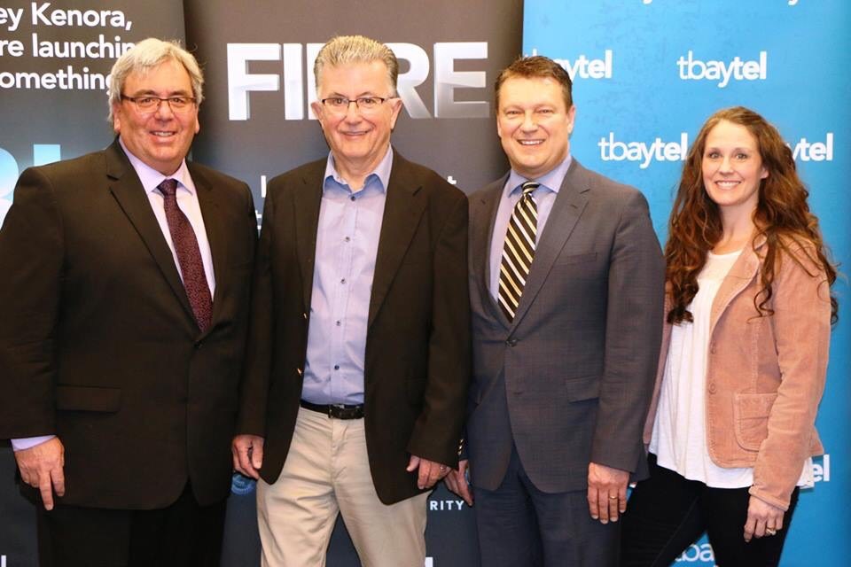 (L to R) Mayor Daniel Reynard, Donny Beasant of Donny B Home Entertainment, Dan Topatigh of Tbaytel and Kristine Ouellet of Donny B Home Entertainment at Monday's announcement (submitted photo)