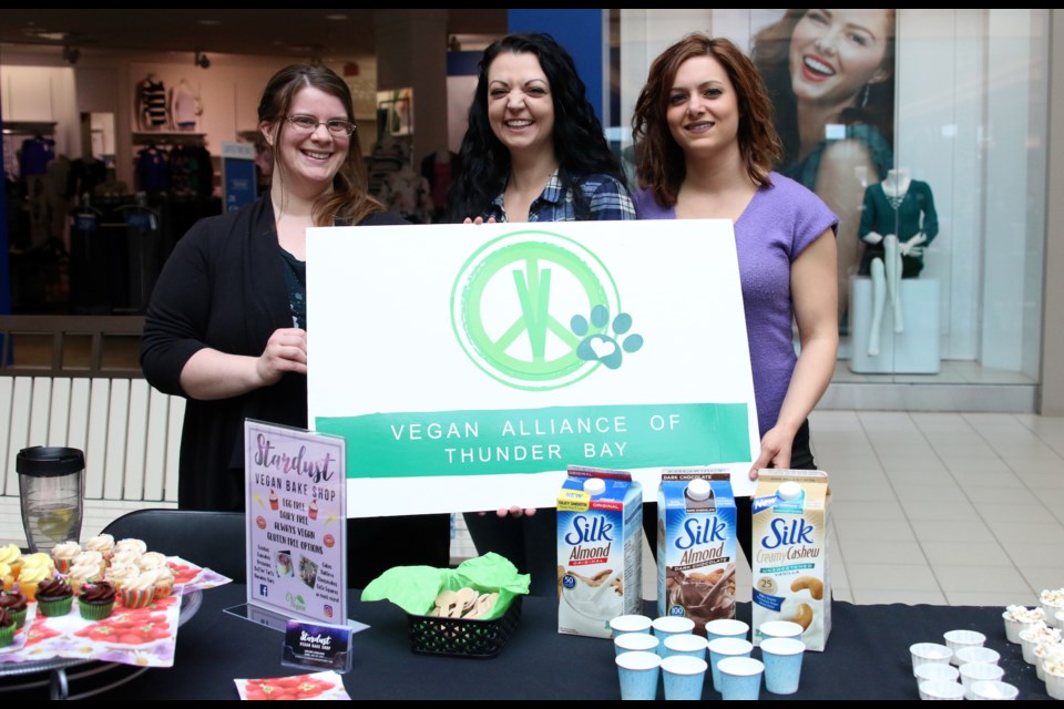 From left to right: Jessica Fiorito, Ana Suarez, and Allison McLellan of the Vegan Alliance of Thunder Bay, hosted an information display at Intercity Shopping Centre on Saturday. (Photos by Doug Diaczuk - Tbnewswatch.com). 