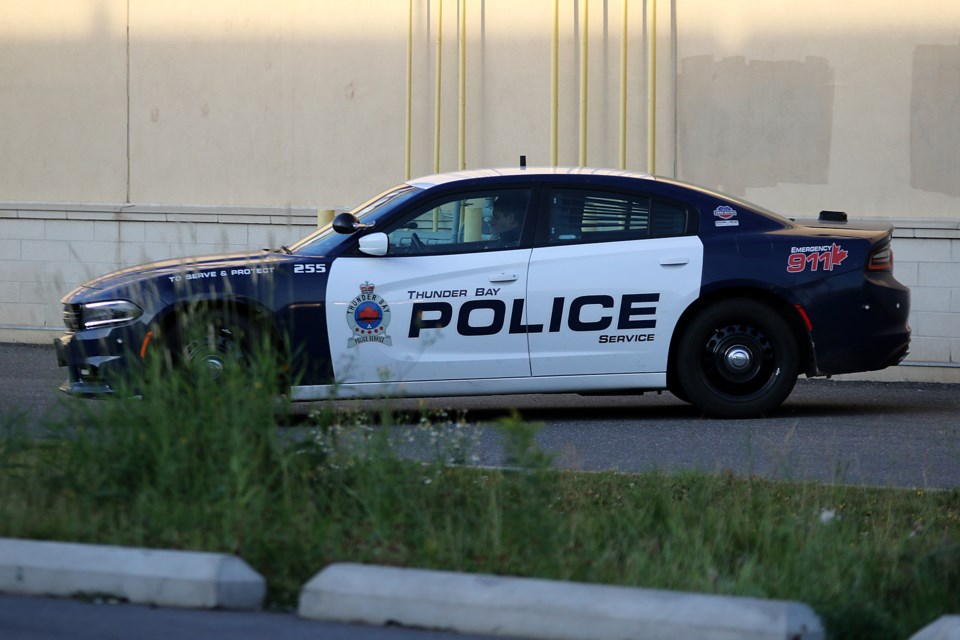 Thunder Bay police hold the scene on Saturday, Aug. 17 2019 behind the Beer Store on Fort William Road. (Leith Dunick, tbnewswatch.com)