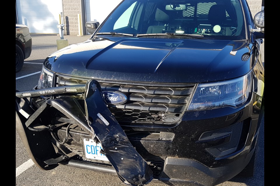 The driver of a stolen truck was arrested shortly after ramming two OPP vehicles on Aug. 20, 2019 (OPP photo)