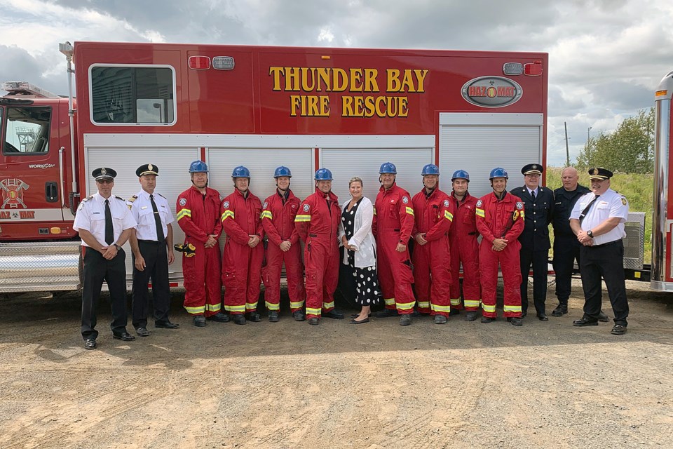 MPP Christine Hogarth (centre) joined members of Thunder Bay Fire Rescue's urban search and rescue team on Friday, Aug. 16, 2019. (Leith Dunick, tbnewswatch.com)