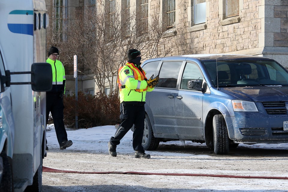 Emergency crews respond on Tuesday, Dec. 17, 2019 to a fire at the Thunder Bay District Jail. (Leith Dunick, tbnewswatch.com)