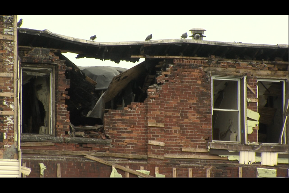 Much of the former Oddfellows Hall on May Street South was severely damaged by fire on March 1, 2020 (Avery MacRae/TBTV photos)