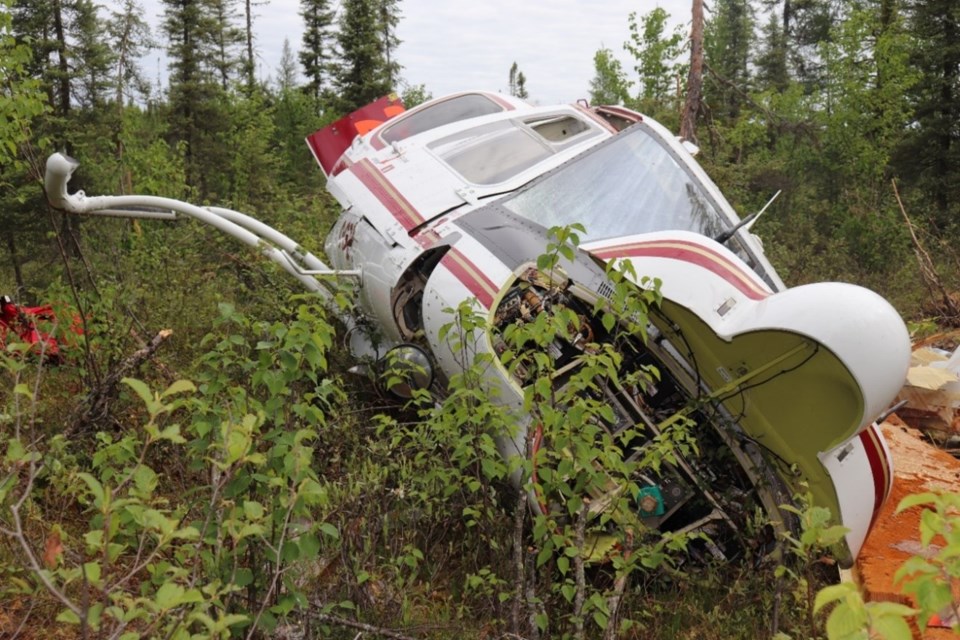 This Bell 214ST helicopter crashed northeast of Nipigon, Ont. on June 7, 2021 (TSB photo)