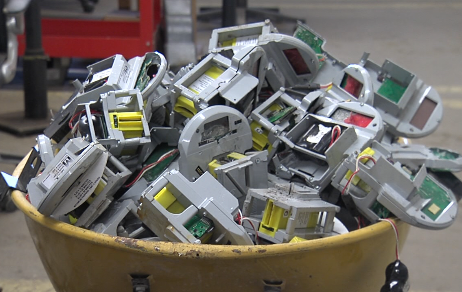 A wheelbarrow full of broken parking meter heads was on display Tuesday at the Thunder Bay Parking Authority's service centre (Cory Nordstrom/TBTV photo)