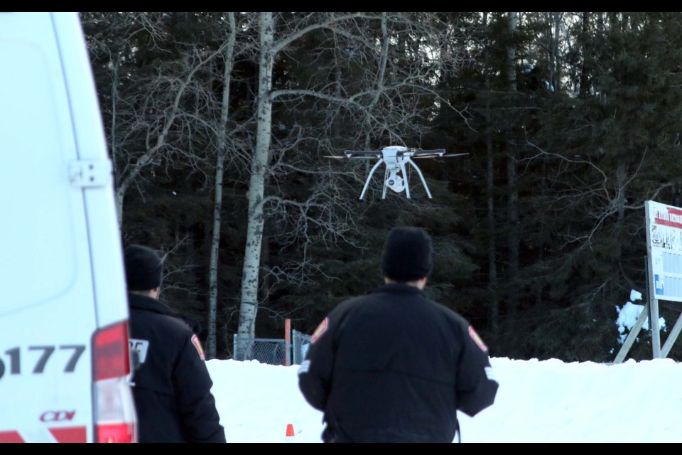 Thunder Bay Police were searching for missing 51-year-old, Brook Chaboyer, the area of George Burke Park with its aerial drone Monday afternoon. (Photos by Doug Diaczuk - Tbnewswatch.com). 