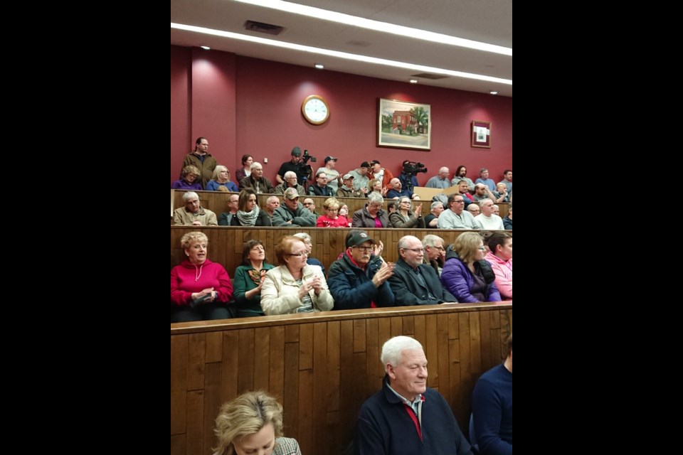 The council chambers were packed Tuesday evening for discussion about the Resolute mill (Adam Riley/TBTV)