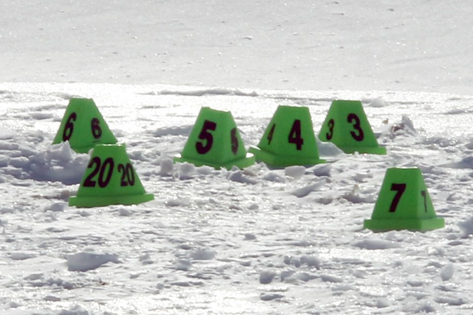 Green markers indicate areas of interest to a police investigation into Thunder Bay's first murder of 2019 off 108th Avenue on Monday, Feb. 25, 2019. (Leith Dunick, tbnewswatch.com)