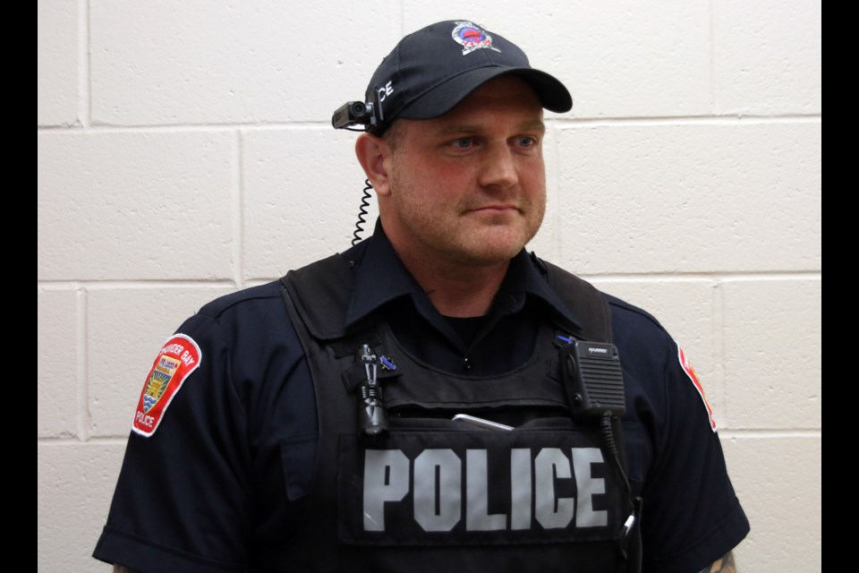 Const. Mike Dimini with the traffic unit in the Thunder Bay Police Service, said body cameras have been well received by both the public and his fellow officers. (Photos by Doug Diaczuk - Tbnewswatch.com). 