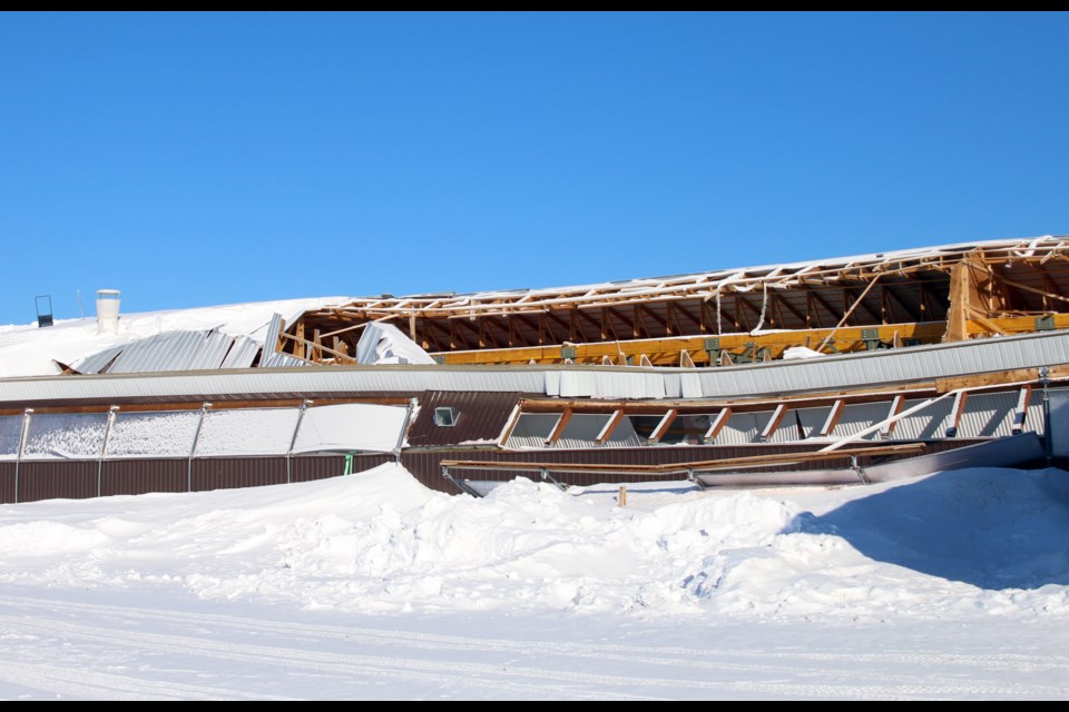 A section of barn collapsed at a farm in Slate River Valley last weekend. (Photos by Doug Diaczuk - Tbnewswatch.com). 