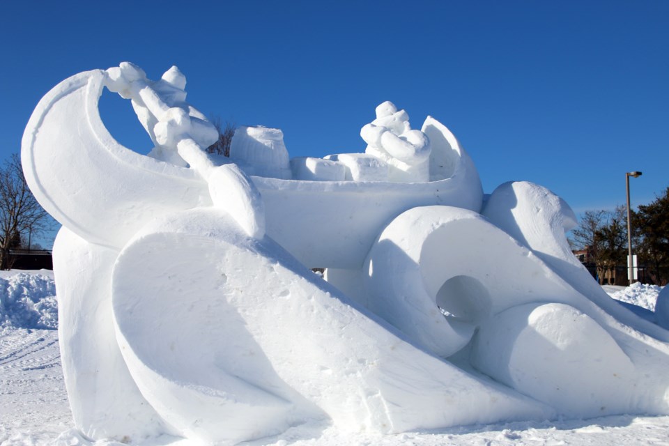 Snow sculptures, including Michael O'Connor's team depiction of voyageurs, are taking shape at Prince Arthur's Landing for SnowDay on Monday. (Photos by Doug Diaczuk - Tbnewswatch.com). 