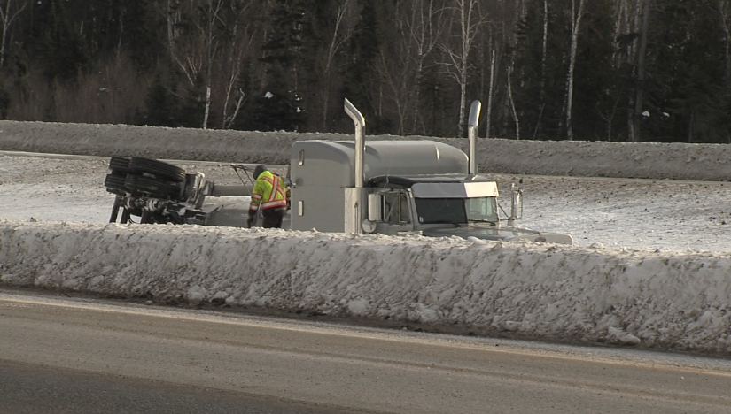 OPP say there was no spill from a tanker trailer that overturned on Hwy. 11/17 east of Copenhagen Rd. (Carmen Wong/TBTV)