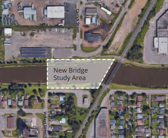 The study area for the proposed crossing borders the existing CN bridge west of McIntyre Centre