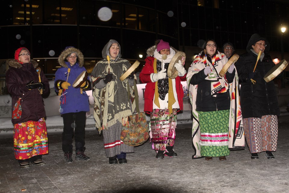 Hand drummers perform at an anti-racism rally held outside Thunder Bay city hall on Tuesday, January 8, 2019. (Matt Vis, tbnewswatch.com)