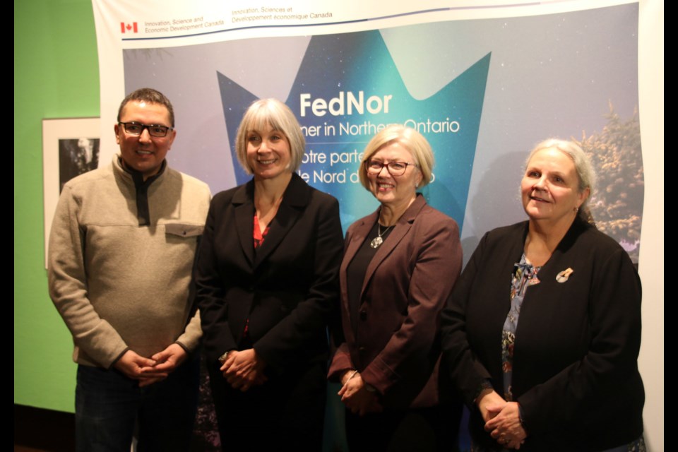 From left to right: MP Don Rusnak, Minister Patty Hajdu, Katie Crowe, chair of the community capital campaign, and Sharon Godwin, director of the Thunder Bay Art Gallery. (Photo by Doug Diaczuk - Tbnewswatch.com). 