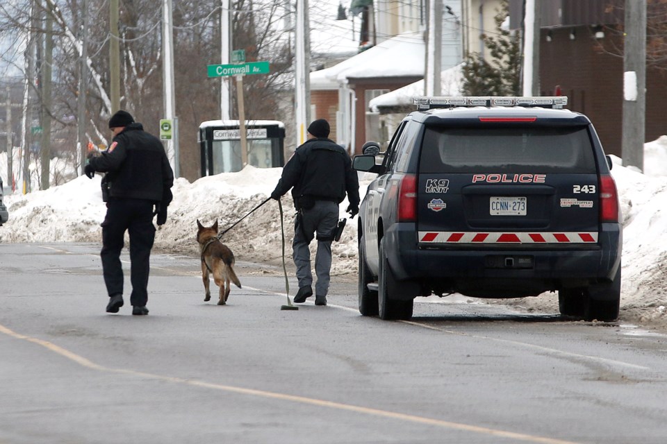 The Thunder Bay Police Service K-9 Unit was out on Monday, Jan. 14, 2019 on Court Street, as police searched the areas for a suspect. (Leith Dunick, tbnewswatch.com)