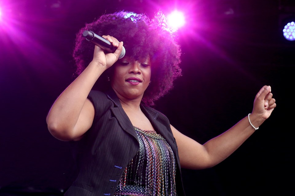 Ashley Tamar Davis performs with St. Paul and the  Minneapolis Funk All Stars at the Thunder Bay Blues Festival on Friday, July 5, 2019. (Leith Dunick, tbnewswatch.com)