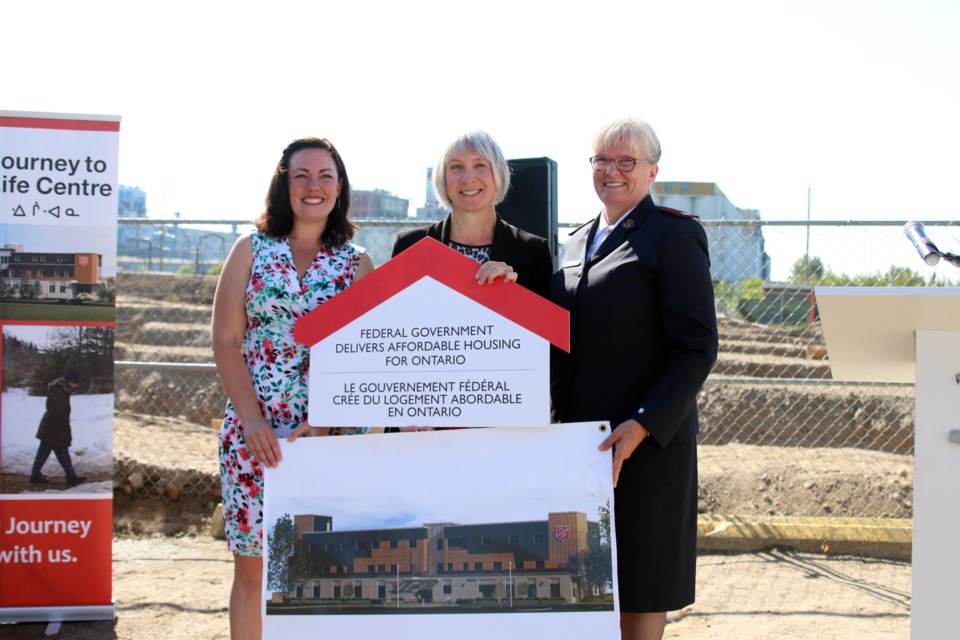 Minister Patty Hajdu (middle), Salvation Army executive director, Lori Mitchell (right), and acting mayor Shelby Ch'ng, celebrated the successful National Housing Co-Investment Fund application that grants $3 million for the Journey to Life Centre. (photos by Doug Diaczuk - Tbnewswatch.com). 