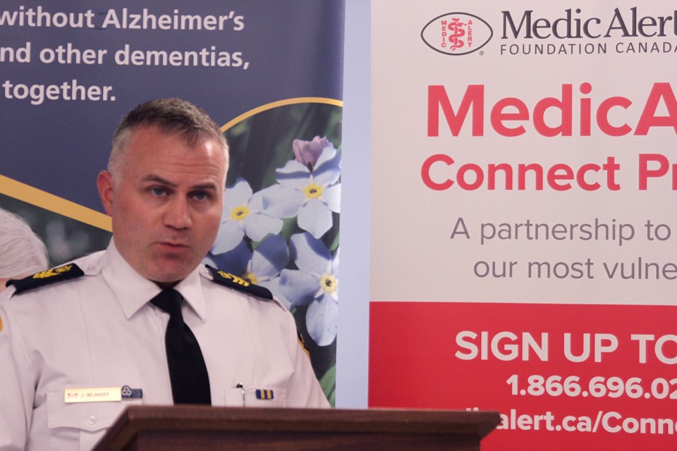 OPP Staff Sgt.  Jason Belanger speaking at the Alzheimer's Society building on June 18, 2019. (Michael Charlebois, tbnewswatch)