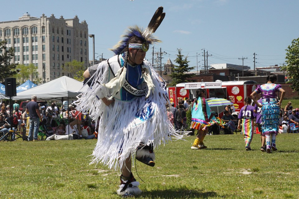Cameron Tyance dances during the powwow that was part of Thunder Bay's celebration of National Indigenous Peoples' Day at Prince Arthur's Landing on Friday, June 21, 2019. (Matt Vis, tbnewswatch.com)