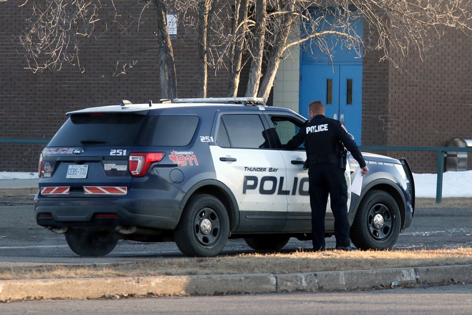 Thunder Bay Police patrol outside Hammarskjold High School on Friday, March 29, 2019 after an anonymous threat closed the north-side high school for the second time this week. (Leith Dunick, tbnewswatch.com)
