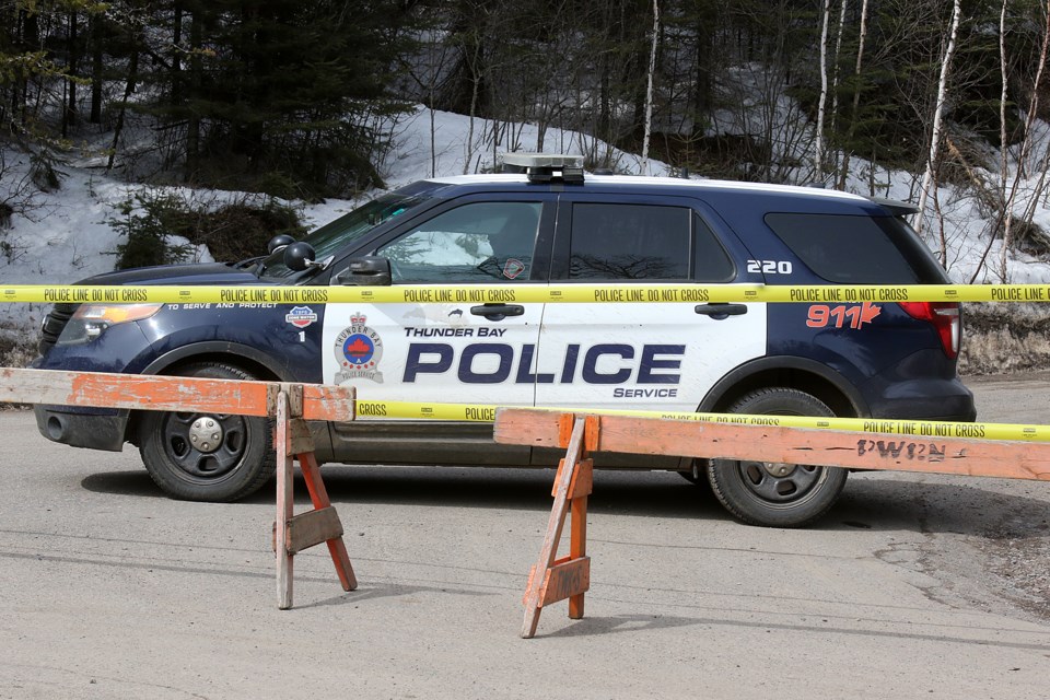 Thunder Bay Police on Friday, March 29, 2019, hold the scene on Hilldale Road where body was recovered, the city's fourth homicide investigated by the department this year. (Leith Dunick, tbnewswatch.com). 