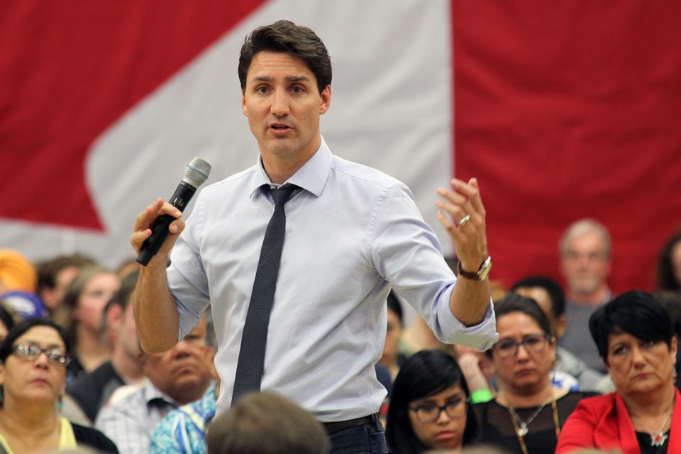 Prime Minister Justin Trudeau answers a question during a town hall at the CJ Sanders Fieldhouse on March 22, 2019. (Matt Vis, tbnewswatch.com)