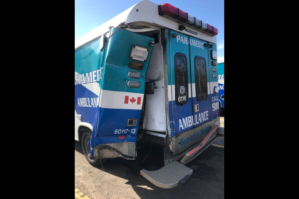 This ambulance is off the road after being rear-ended on the Thunder Bay Expressway (SNAAP/Facebook)