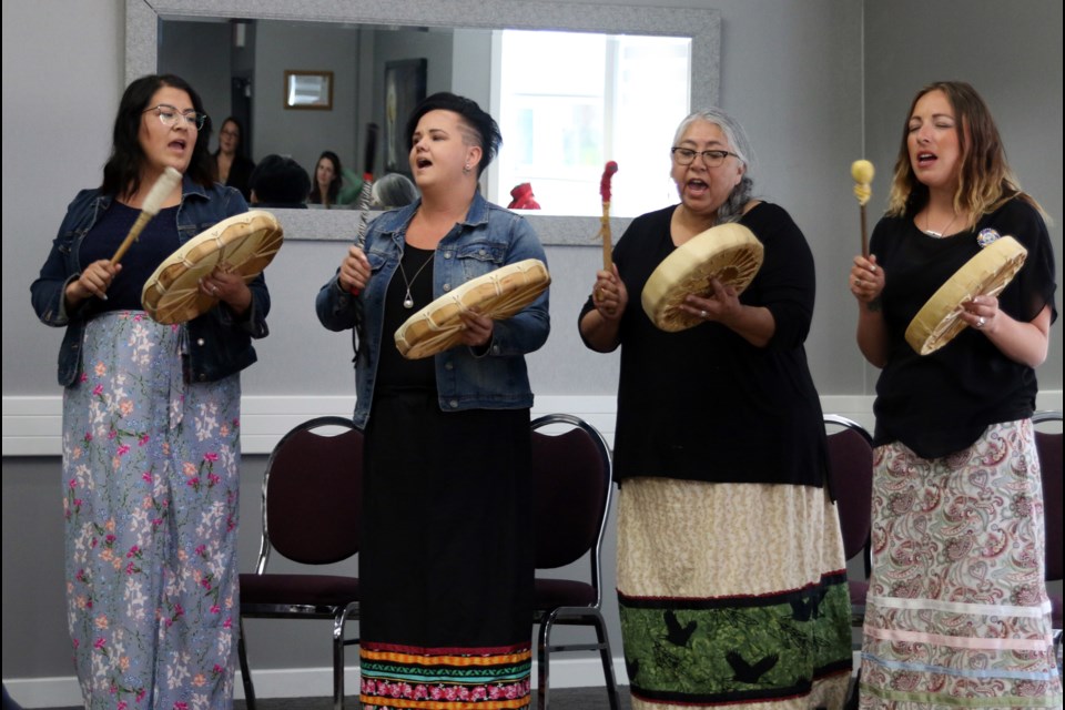 Members of the Passwewe Ikwewug Drum Group sang traditional songs during the release of The Journey to Safe Spaces: Indigenous Anti-Human Trafficking Engagement Report for 2017-2018. 