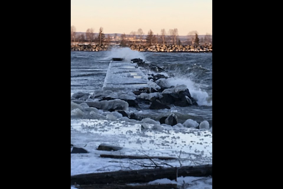 The Chippewa Park breakwater is located about 380 m east of the main beach, and consists of a wooden dock and armour stones. It was severely damaged in an Oct. 2019 storm (Mark Bentz photo)