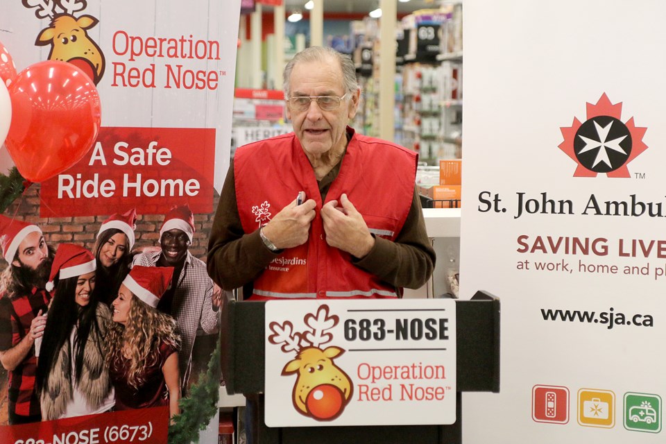 Gary Cooper on Wednesday, Nov. 20, 2019 launches this year's Operation Red Nose campaign at the Canadian Tire on Fort William Road. (Leith Dunick, tbnewswatch.com)
