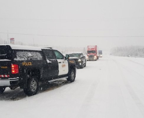 OPP were on the scene of a jacknifed tractor-trailer between Marathon and Terrace Bay on Nov. 21, 2019 (OPP/Twitter)