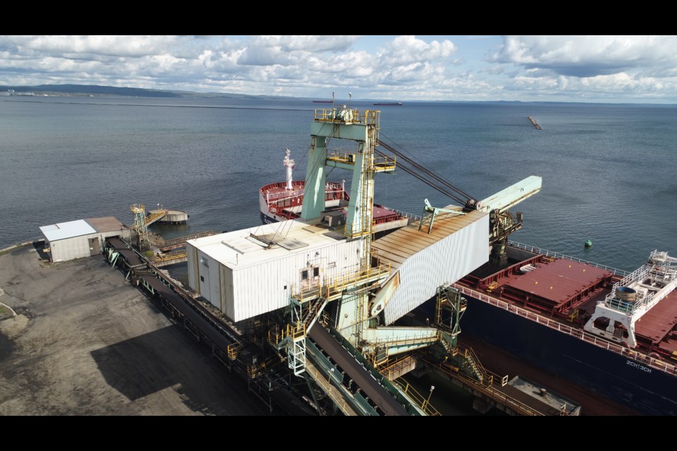 A conveyor system is used to fill a coal-carrying vessel at Thunder Bay Terminals in October 2019 (Port of Thunder Bay)