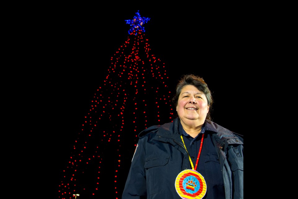 The Tree of Hope was lit up outside the Thunder Bay Police Service on Sunday. (Photo by Scott Paradis/TBPS). 