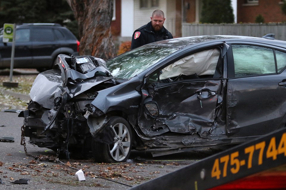 Police investigate a three-vehicle crash on Friday, Oct. 25, 2019 at the intersection of Windsor and Clarkson streets. (Leith Dunick, tbnewswatch.com)