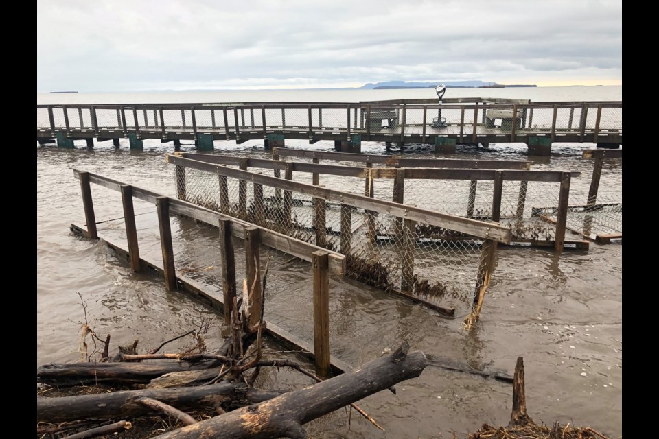 The boardwalk at the Mission Island Marsh Conservation Authority sustained extensive damage Monday night (LRCA photo)