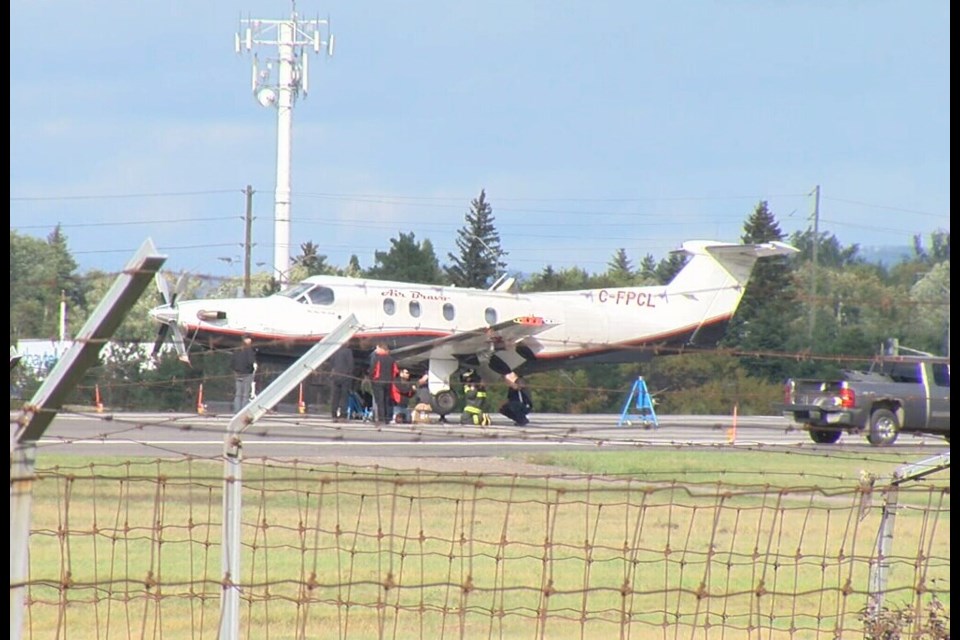 No one was hurt when this chartered aircraft experienced a non-emergency landing gear failure at Thunder Bay Airport on Sept. 21, 2022 (Mitchell Ringos/TBTV photos)