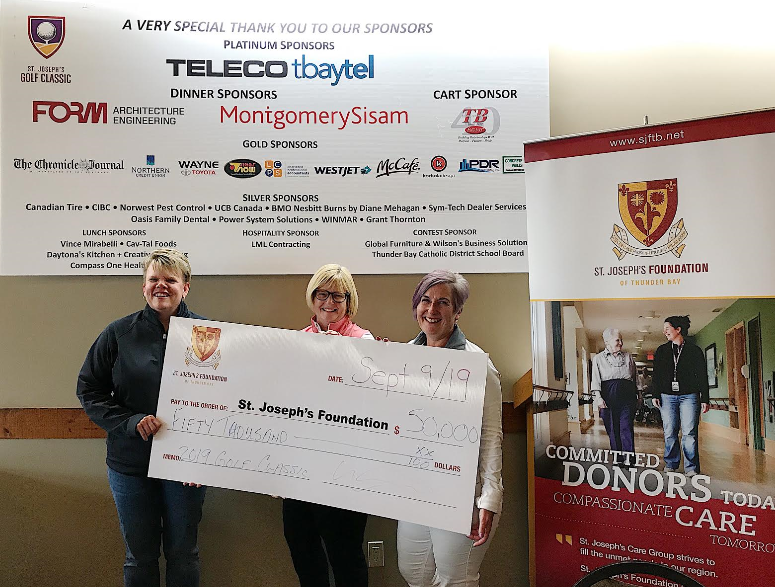(From left to right):  Sandra Sutherland-Byers (Chair, Board of Directors, St. Joseph’s Foundation), Tracy Buckler (President & CEO, St. Joseph’s Care Group), and Gail Brescia (Executive Director, St. Joseph’s Foundation)  present the proceeds cheque for $50,000 from this year’s tournament. 