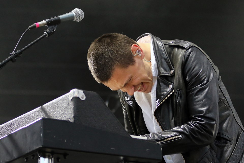 July Talk singer Peter Dreimanis plays the keyboards on Saturday, Sept. 14, 2019 at the Wake the Giant Music Festival in Thunder Bay. (Leith Dunick, tbnewswatch.com)