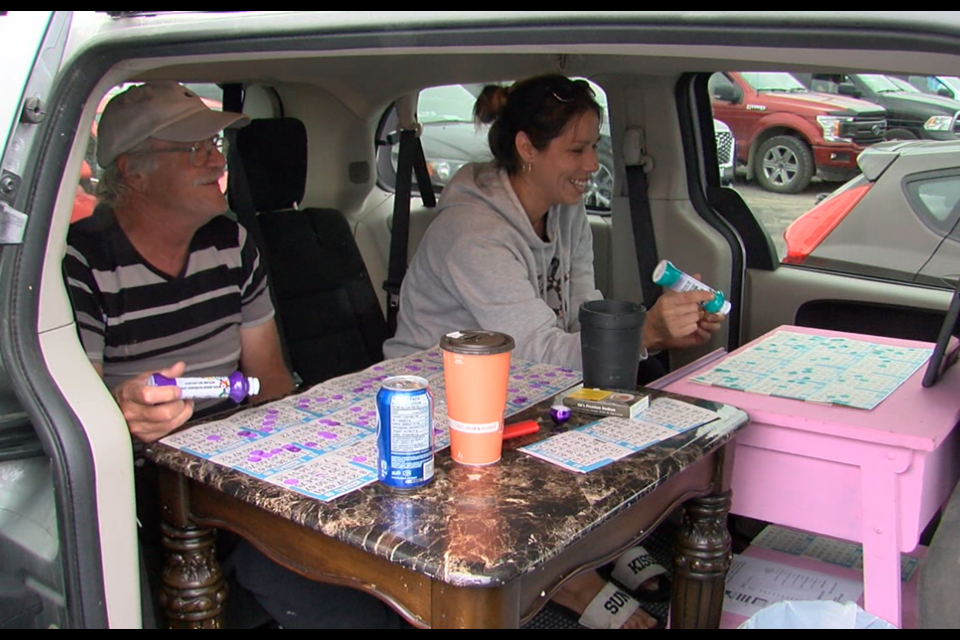 Two bingo players had a comfortable set-up in their van for opening night of drive-in bingo on the Fort William First Nation (Jonathan Wilson/TBTV photo)