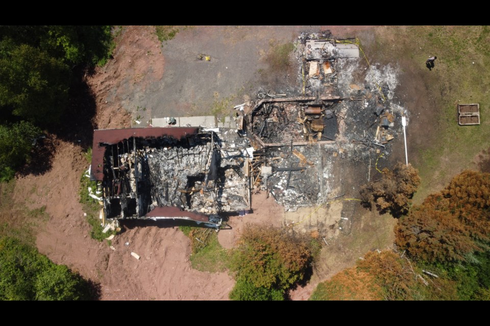 An aerial image shows the remains of Salem Lutheran Church at Pass Lake after a fire on June 9, 2020 (courtesy Jim Jensen)