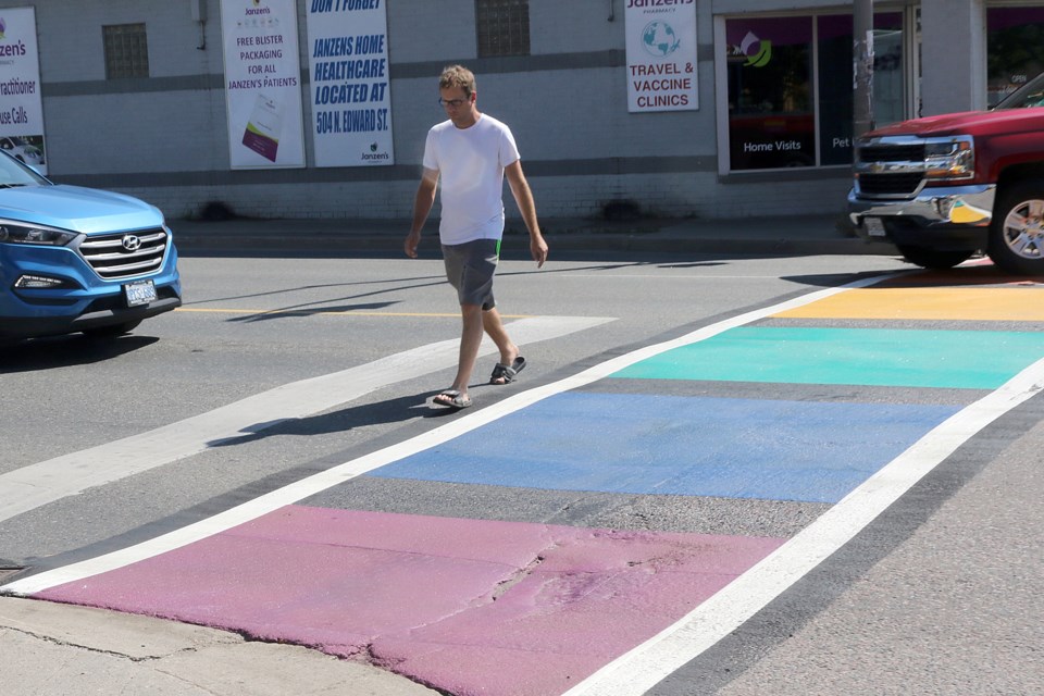 Several complaints about the finished product were received after a transgender crosswalk was installed at Bay and Algoma streets. (Leith Dunick, tbnewswatch.com)